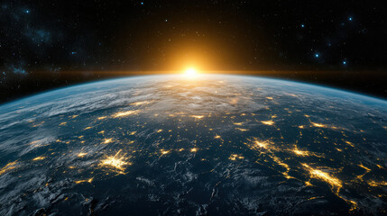Obraz premium Breathtaking view of Earth from space, showcasing glowing horizon sunrise, illuminating city
