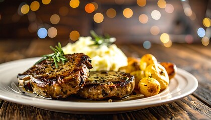 Grilled steak with mashed potatoes and roasted vegetables