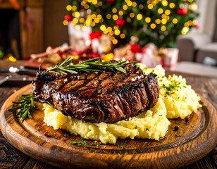 Grilled steak with mashed potatoes, Christmas background (1)