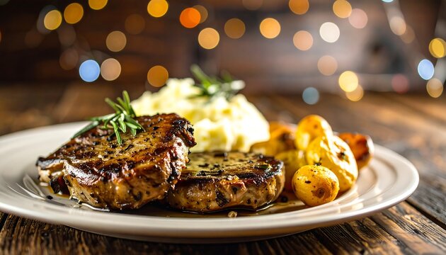 Grilled steak with mashed potatoes and roasted vegetables - Powered by Adobe