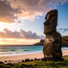 Fototapeta premium Giant statue at sunset on beach
