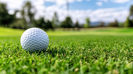 Obraz premium Close up of golf ball on grass with blurred background of golf course and trees