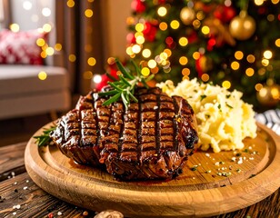 Grilled steak with mashed potatoes. Festive Christmas background