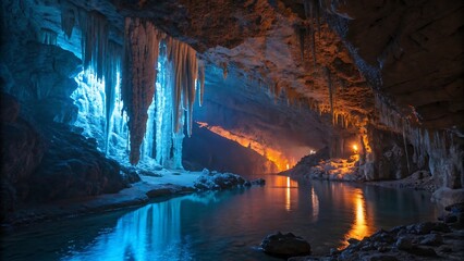 Cave interior with water and illuminated stalactites in blue and orange