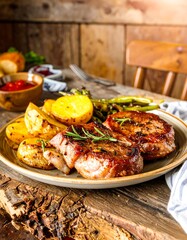 Grilled steak with roasted potatoes and green beans