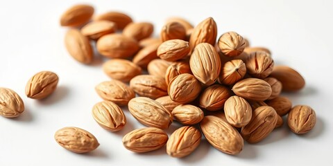 Obraz premium Close-up of whole almonds on a white background , dietary, agriculture