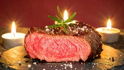 Grilled steak with rosemary and candles