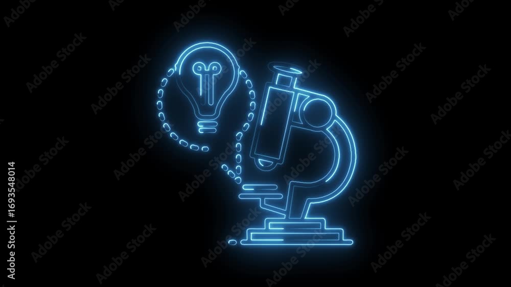 Poster neon microscope and lightbulb animation on black background exploring science ideas and innovation