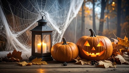 Halloween pumpkins with lantern, spider web, and autumn decor