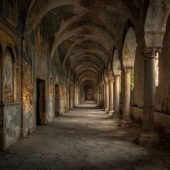 Naklejka premium Abandoned Church Corridor With Sunlight Beams