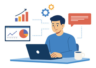 Flat design illustration of a person working on a laptop with business charts, tech icons, and a coffee cup, representing a modern and productive workspace.