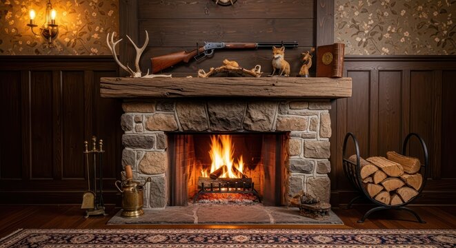 Intimate rustic stone fireplace with burning fire, antique rifle and woodland themed mantle decor