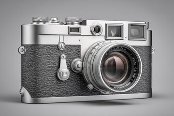 Classic Silver Camera with Lens, Detailed Close-up, Studio Shot.