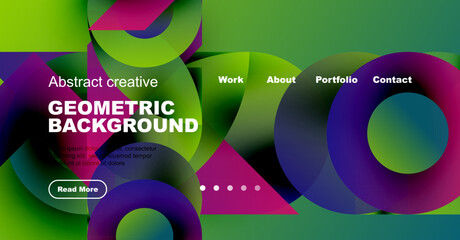 Naklejka premium Vibrant geometric background features colorful overlapping circles, text, navigation menu. Modern design promotes creativity, portfolio access.