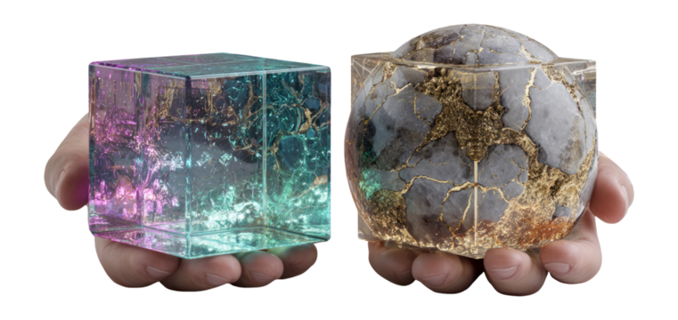 Colorful geometric shapes held in hands with transparent background for artistic use