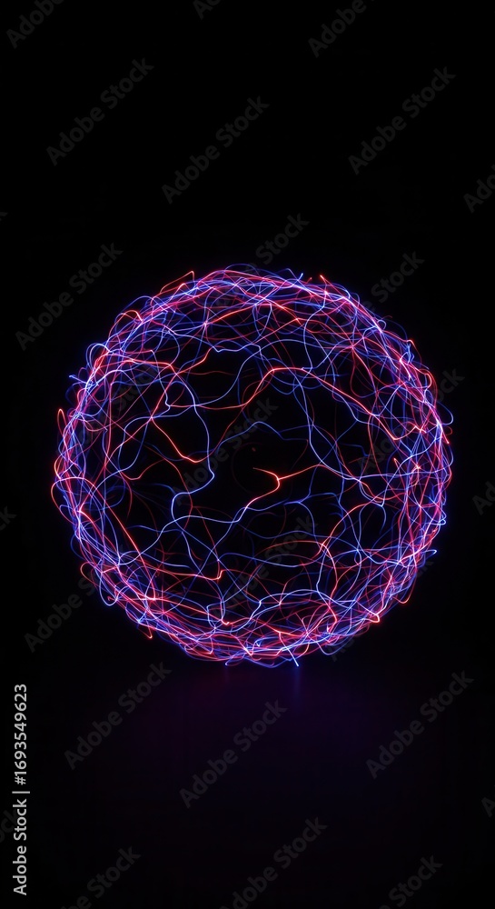 Poster a vibrant sphere of glowing, swirling lines of red and blue light creates an ethereal and dynamic vi