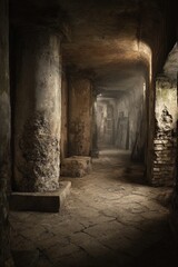 Obraz premium Ancient Underground Corridor With Dusty Brown Stone Columns
