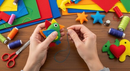 Hands sewing a colorful felt bird ornament with various crafting supplies like felt sheets, scissors, and thread spools laid out on a wooden table.