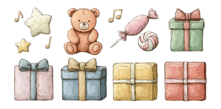 Cute Bear and Colorful Gifts with Sweets on a Transparent Background for Kids