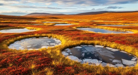Arctic tundra landscape in autumn colors with small lakes and melting ice floes under cloudy sky