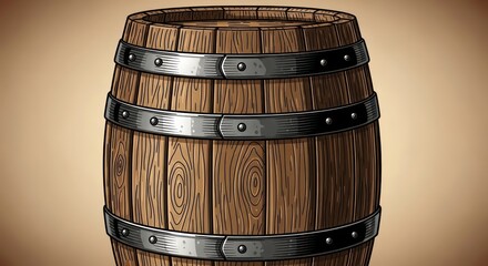 Hand-Drawn Wooden Barrel with Detailed Grain and Riveted Steel Hoops