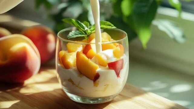 Creamy Peach Yogurt Parfait: Summer Delight, Milk Pours, Fresh Fruit, Healthy Breakfast