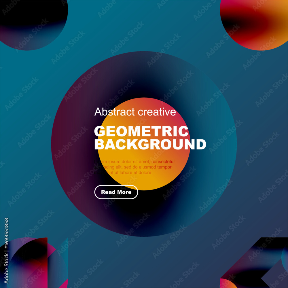 Poster vibrant abstract design features overlapping circles, gradients. text promotes geometric background 