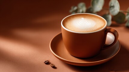Fototapeta premium Close-up of a brown ceramic coffee cup with frothy milk foam on top, placed on a matching saucer, with coffee beans and eucalyptus leaves in the background