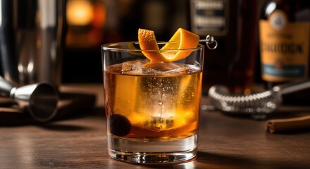 Classic Old Fashioned Cocktail with Orange Peel Garnish and Cherry