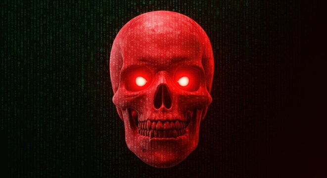 A sinister red skull with glowing eyes emerges from a digital matrix, representing danger and the dark side of technology