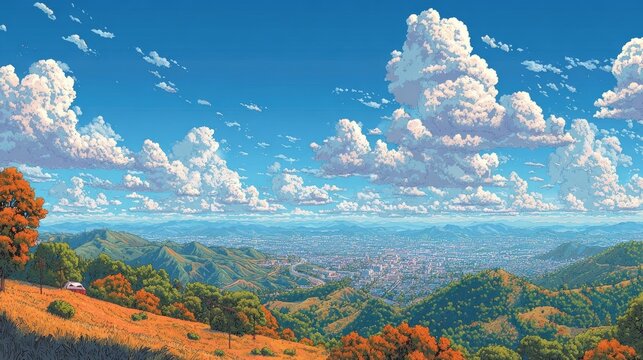 Pixel Art Panorama Of Cityscape From Hilltop In Autumn Colors