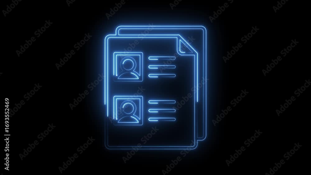 Poster glowing profile document animation with headshots and text on black background animated data