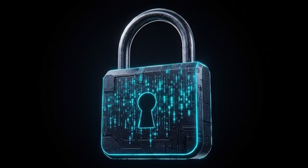 A digital padlock with glowing blue matrix pattern, representing cybersecurity and data protection in technology