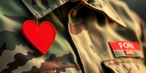 A red heart pinned to a military uniform, symbolic of love amidst conflict, background, fabric