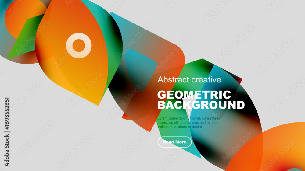 Poster abstract colorful shapes overlap, creating dynamic visual effect. text block present with button bel