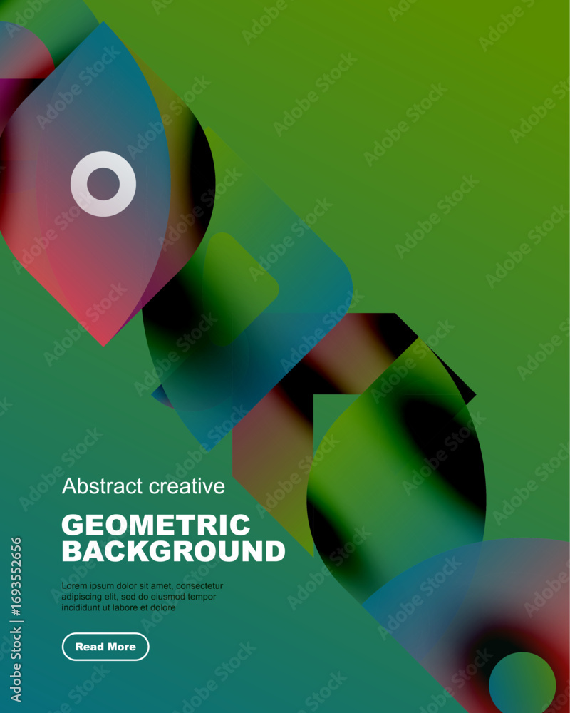 Poster vibrant abstract composition. overlapping geometric shapes create dynamic visual effect. green, blue