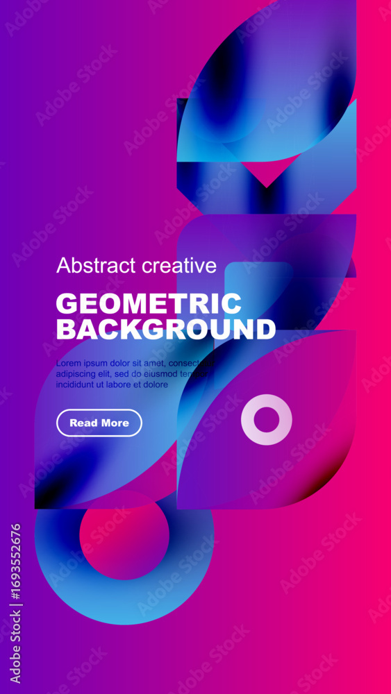 Poster vibrant abstract design. geometric shapes overlap, creating dynamic visual effect. dark background e