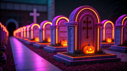 Neon Lit Halloween Cemetery with Glowing Pumpkins and Tombstones graveyard gravestone