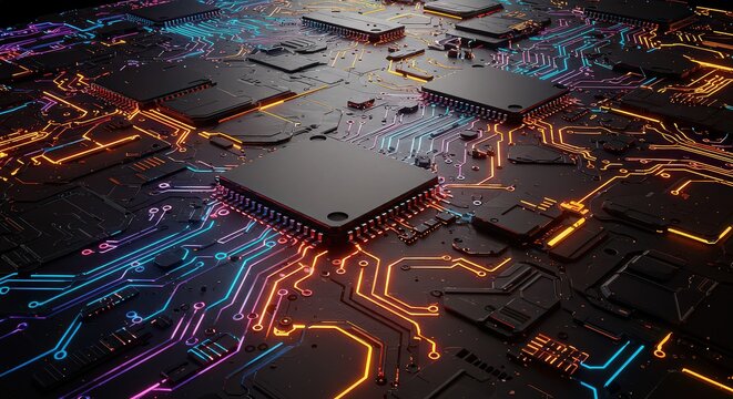 A complex circuit board with glowing orange and blue lights, showcasing advanced technology and connectivity