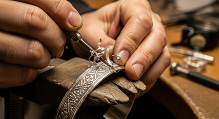 Close-up of a silversmith working on an ornate silver bracelet.