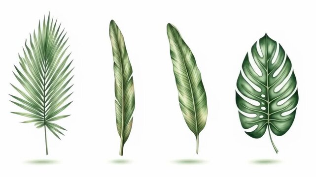Four different green tropical leaves are depicted against a white backdrop. Each leaf varies in shape and detail, creating diverse botanical imagery