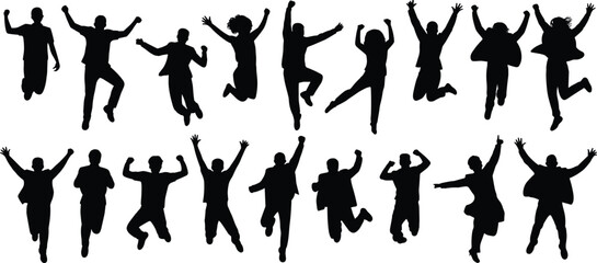 Jumping silhouettes, energetic pose, happy people, celebration, freedom, vitality, motion, excitement, expressive movement, dynamic action, joy, youth, fun, 