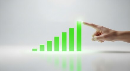 Hand touching glowing green bar chart showing upward business growth and success
