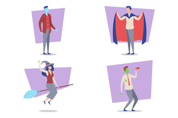 Various characters dressed in Halloween costumes engaged in festive activities. Halloween festival with friends concept