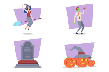 Lively Halloween celebration showcasing diverse costumes. Witch flying on broomstick, while zombie holding brain. Pumpkins with faces and gravestone enhancing festive atmosphere