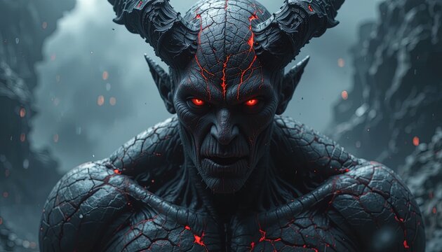 A formidable demon figure, crafted with intricate details and dramatic lighting, commands the viewer's attention in a dark, fiery setting.