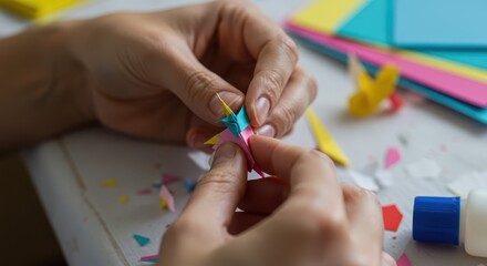 Close-up view of hands carefully assembling a vibrant origami star, showcasing intricate paper folding techniques and a creative process.