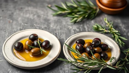 Dark & green olives, olive oil, rosemary sprigs on plates, dinner, food photography