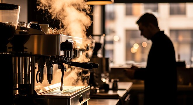 Professional barista making coffee with an espresso machine, creating steam in a cafe setting - Powered by Adobe