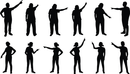 Obraz premium Silhouette people pointing, male and female gestures, black figures, direction pose, body language, isolated, vector illustration, design asset
